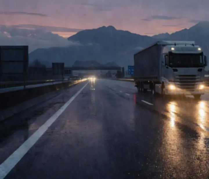 Autoroute européenne de nuit, chaussée mouillée avec un camion éclairé par les phares
