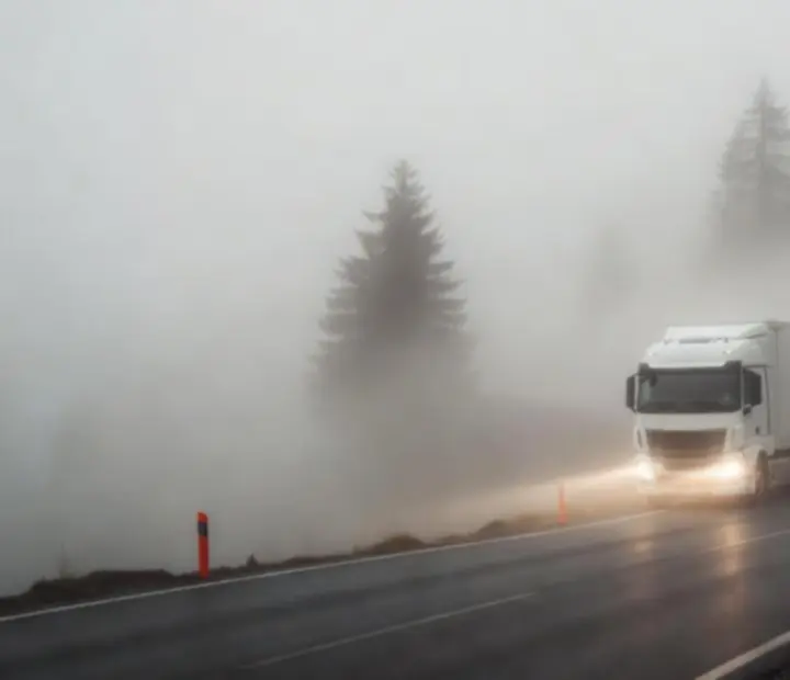Route de montagne européenne plongée dans un brouillard dense, glissière métallique et parois rocheuses à peine visibles