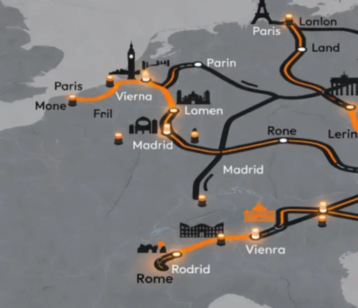 Carte d'itinéraire européen montrant routes, jonctions et points de livraison