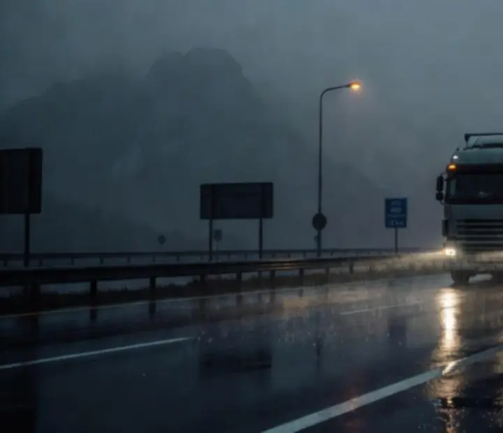 Camion européen roulant sous la pluie sur autoroute, phares reflétés sur l'asphalte