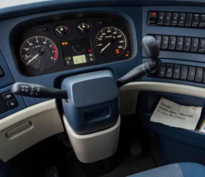 Gros plan sur le tableau de bord d’un camion, compteurs, GPS de cabine et interrupteurs éclairés