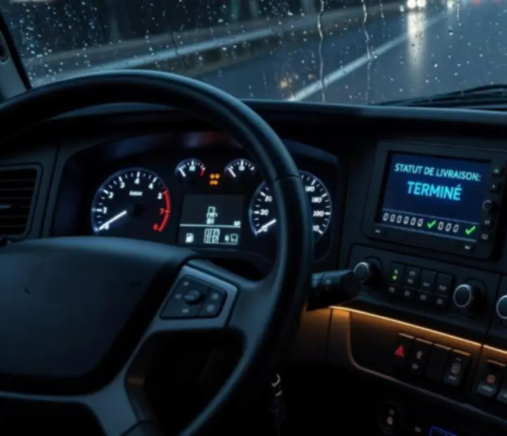 Dashboard de camion affichant des compteurs, voyants et indicateurs de livraisons réussies dans une ambiance nocturne.