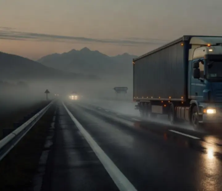 Autoroute européenne au crépuscule, chaussée mouillée et camions en transit