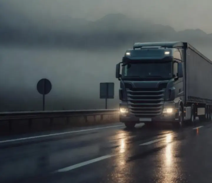 Poids lourd sur une autoroute européenne au crépuscule, phares reflétant sur l'asphalte humide