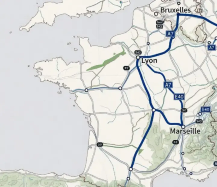 Carte stylisée d’itinéraires reliant plusieurs villes européennes avec différents axes routiers