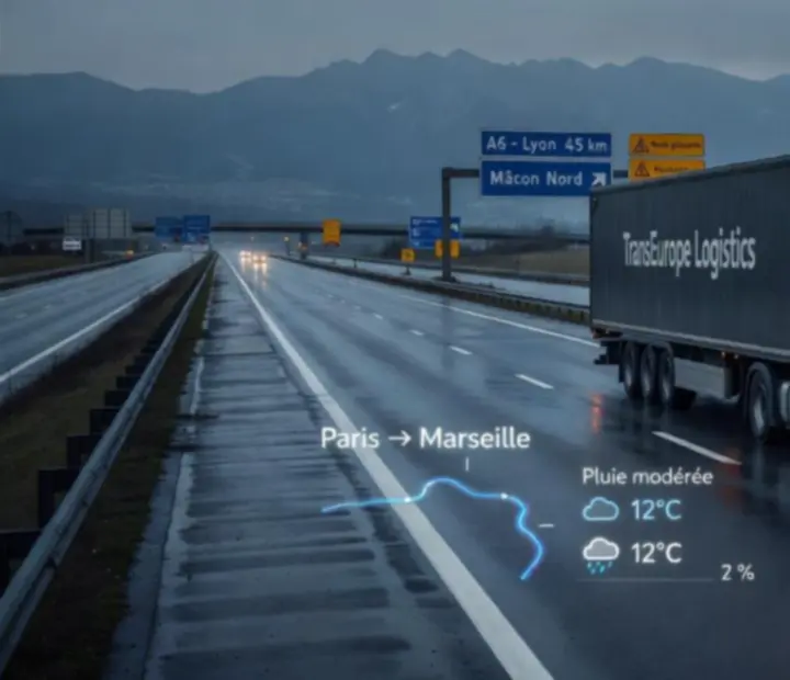 Camion européen sur une autoroute détrempée au crépuscule, phares reflétés sur l’asphalte