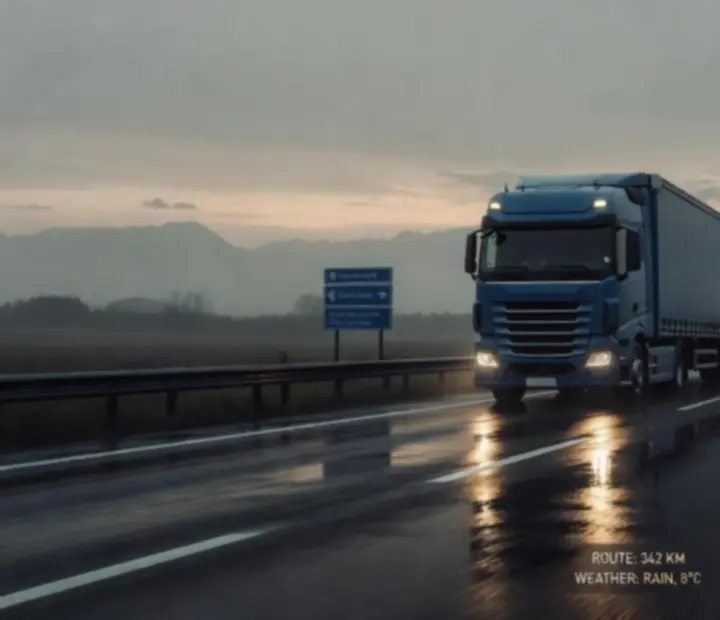 Semi-remorque européen roulant sur une autoroute mouillée au crépuscule, phares reflétés sur l’asphalte.