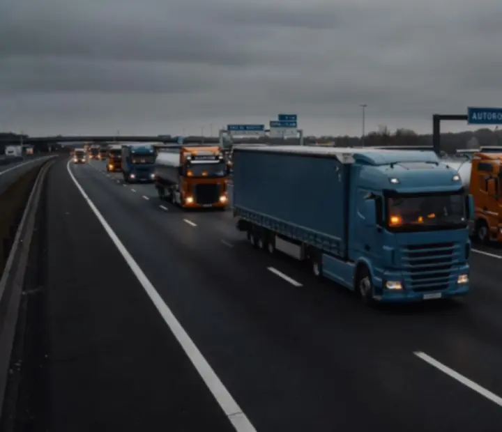 Camions et voitures circulant sur une autoroute européenne sous un ciel nuageux