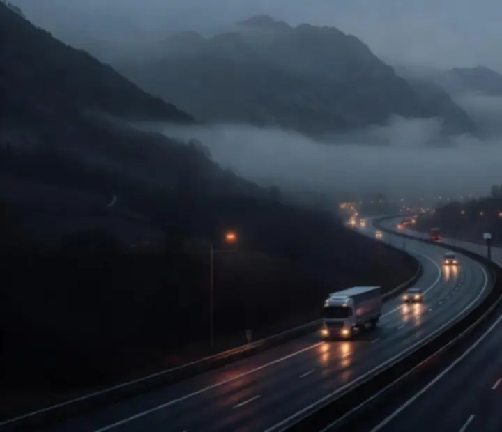Camion sur autoroute européenne bordée de montagnes, phares se reflétant sur la chaussée mouillée