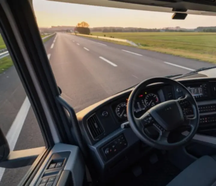 Intérieur de cabine de camion moderne avec volant, tableaux de bord et écrans GPS