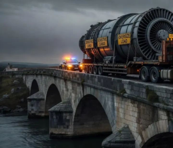 Convoi exceptionnel de nuit sur une autoroute européenne, transportant une cargaison industrielle surdimensionnée.