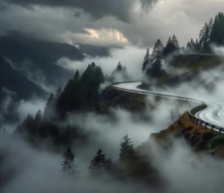 Camion de fret sur une route de montagne avec virages serrés et relief marqué