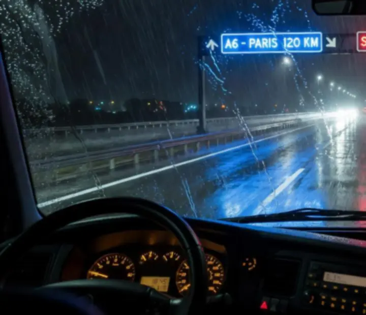 Autoroute européenne de nuit sous la pluie, phares reflétés sur l’asphalte