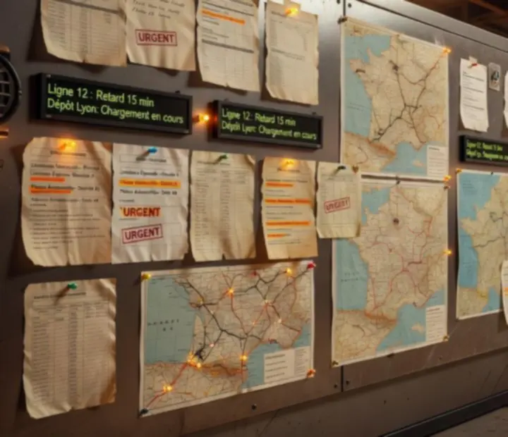 Panneau d'affichage de missions de transport dans un dépôt logistique européen, éclairé par une lumière industrielle.