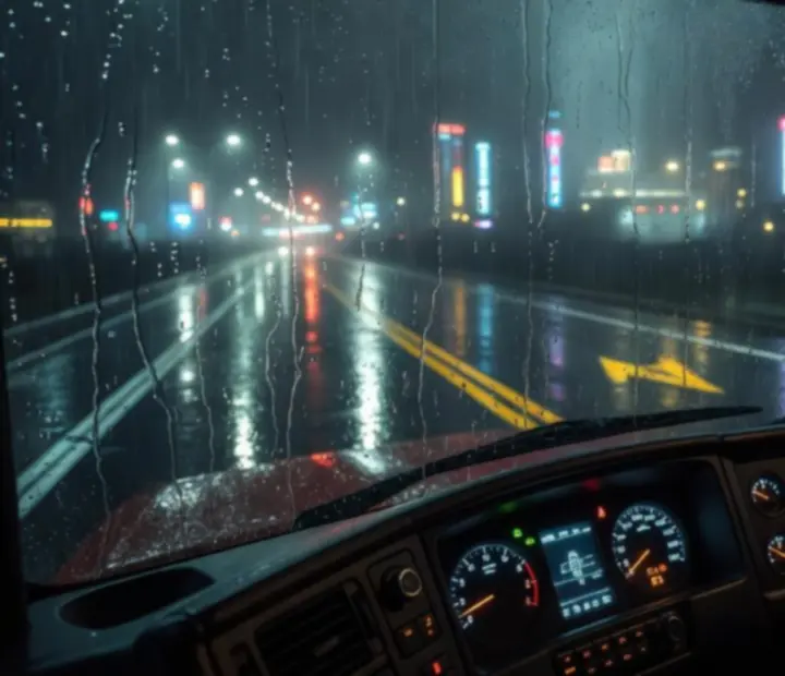 Vue depuis la cabine d’un poids lourd, pare-brise ruisselant sous une forte pluie nocturne