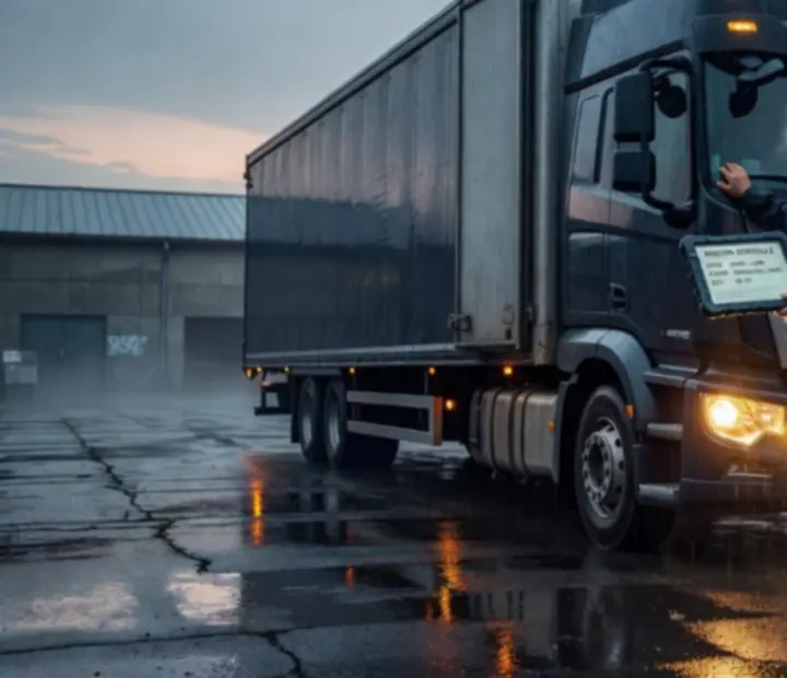 Camion européen prêt à partir au petit matin dans un dépôt français, légèrement éclairé par des néons et des phares.