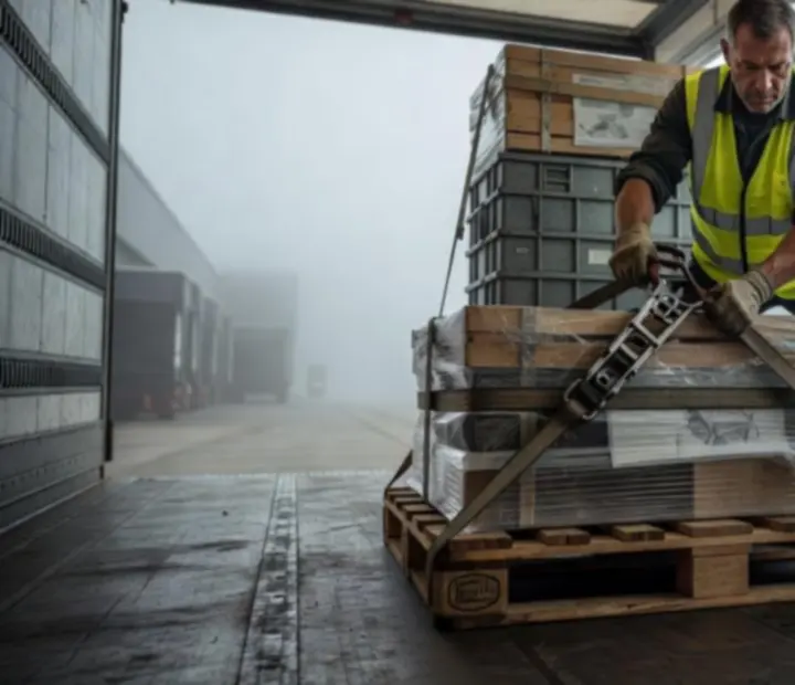 Chargement de remorque dans une zone industrielle, palettes et sangles visibles