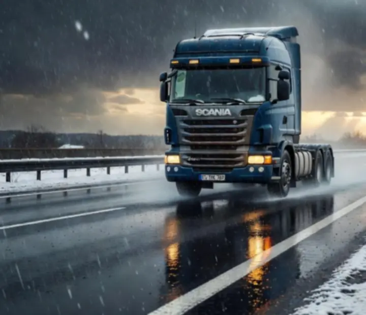 Camion lourd circulant sous la pluie et la neige sur une route européenne