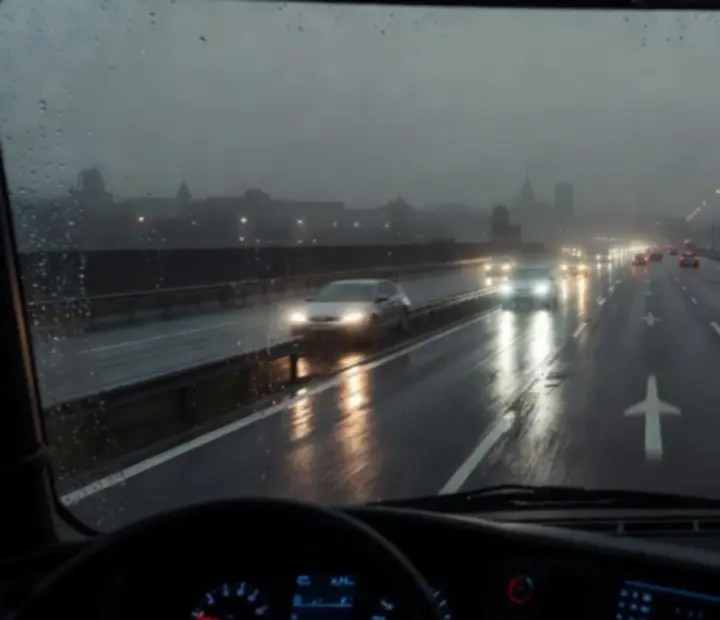Autoroute européenne détrempée sous la pluie, phares de camions et de voitures se reflétant sur l’asphalte.