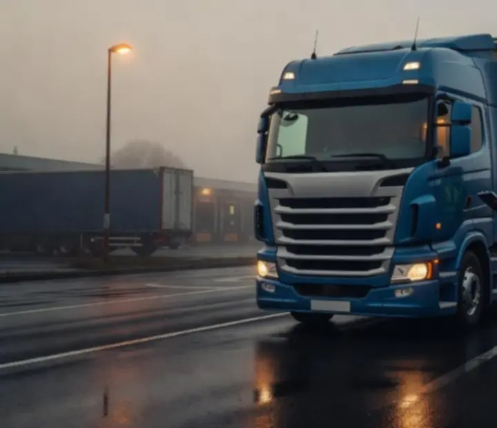 Cabine de camion allumée sur un quai de chargement avant le départ, ambiance documentaire