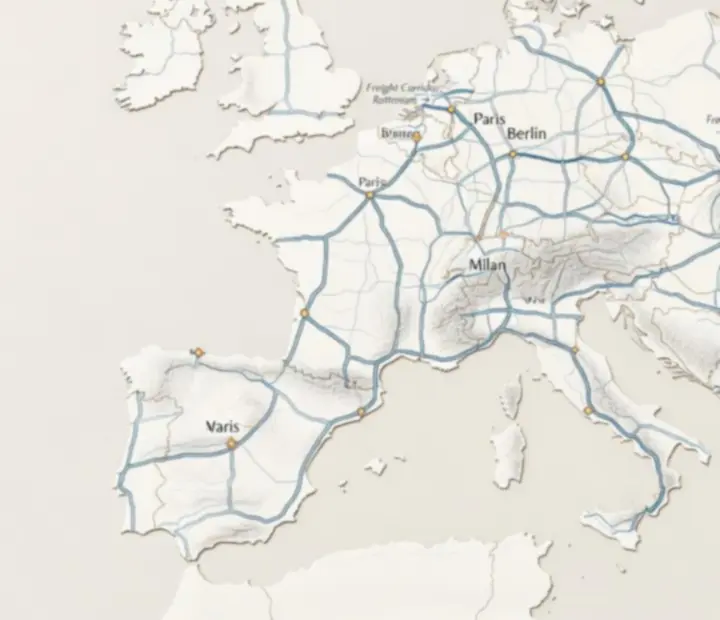 Diagramme de carte européenne montrant des routes de fret reliant grandes métropoles et zones industrielles.