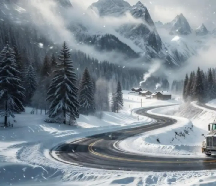 Route européenne enneigée au crépuscule, traversée par un poids lourd dont les feux découpent la brume.