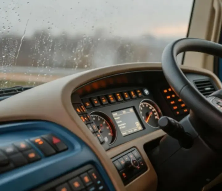 Vue intérieure d’une cabine de camion sous la pluie, démarrage du moteur et éclairage des instruments