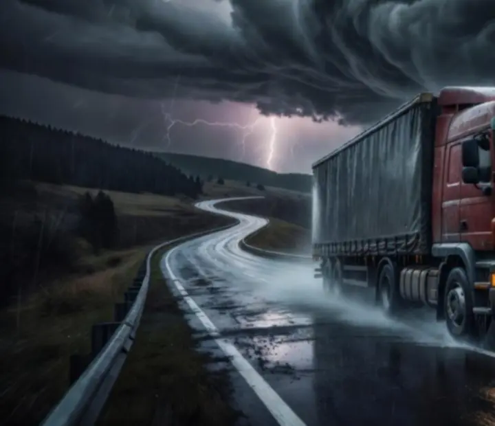 Camion sur route européenne balayée par une tempête, ciel chargé et visibilité réduite