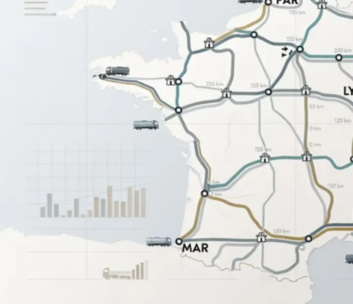 Carte stylisée des principaux itinéraires européens pour camions, reliant montagnes, villes et zones industrielles