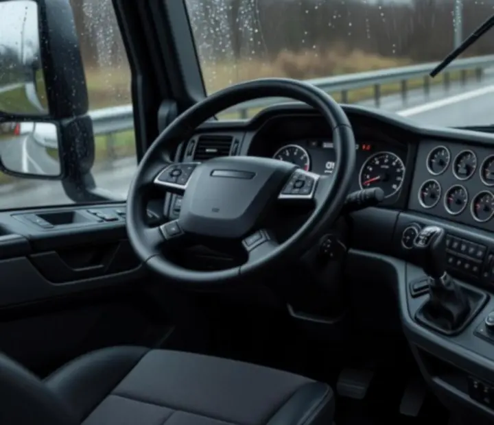 Gros plan sur la cabine d'un camion moderne, tableau de bord allumé