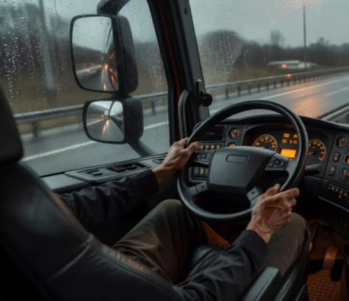 Vue depuis la cabine d’un camion européen roulant de nuit sur autoroute